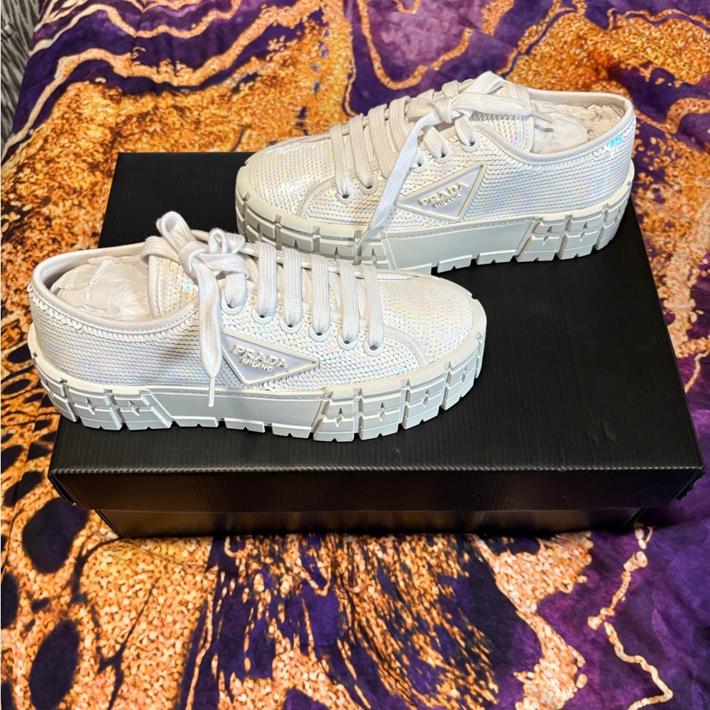 PRADA DOUBLE WHEEL SEQUIN PLATFORM SNEAKERS - Picture 2 of 10